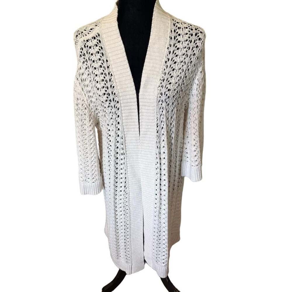 Matilda Jane Clothing Long Open Knit Crochet Duster Cardigan Sweater White Small